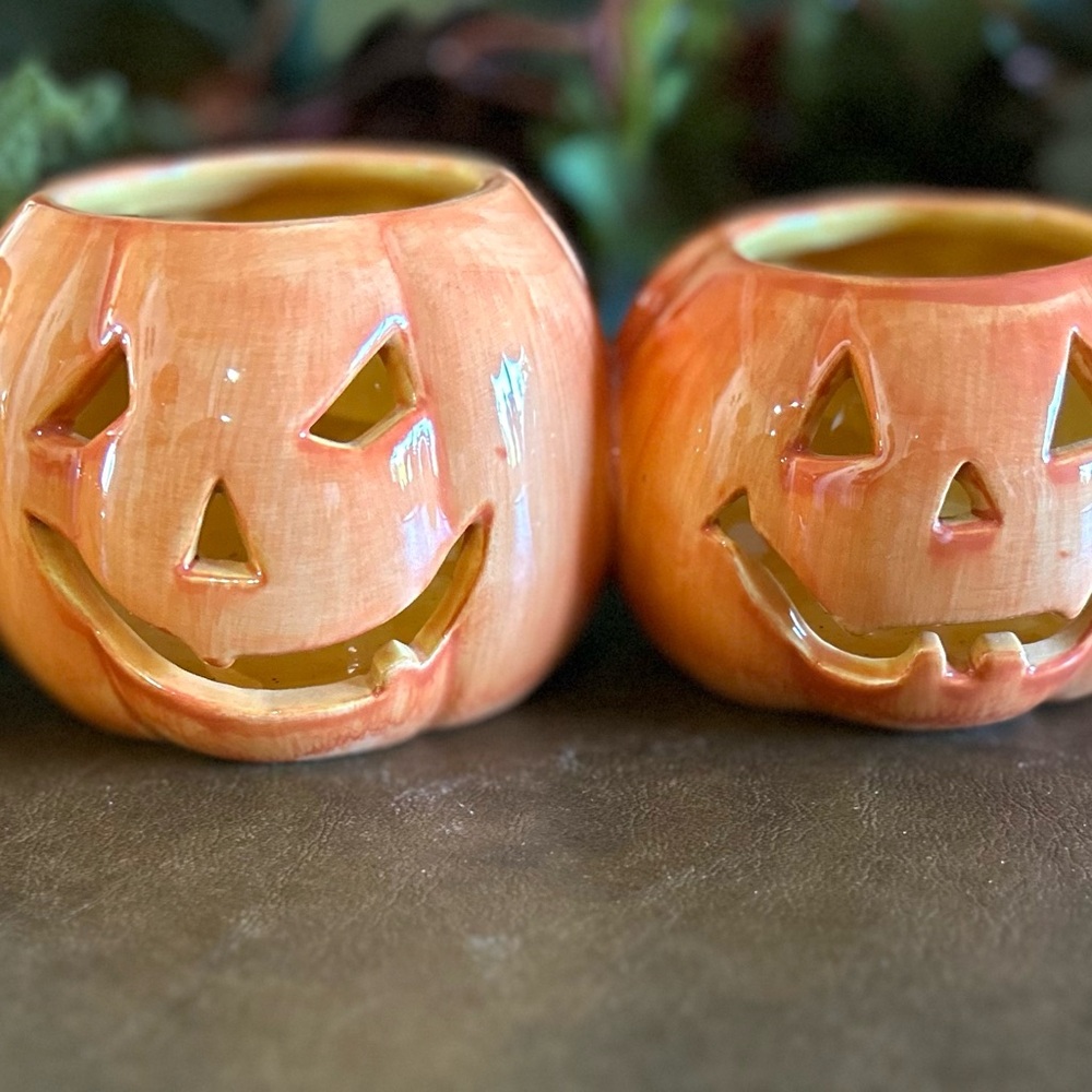 Orange Hallmark Pumpkin Candle Holders - Picture 2 of 5